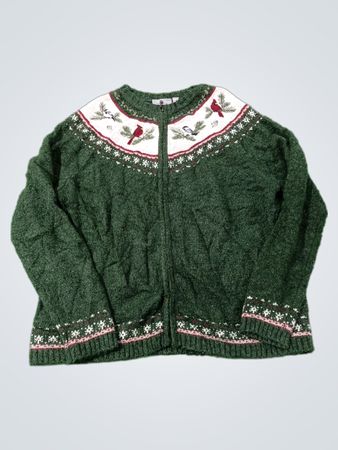 Grüner Kardinal und Blaumeise Fair Isle Strick Zip-Up Pullover
