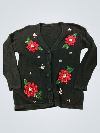 Schwarze Strickjacke mit roten Blumen- und Schneeflocken-Stickereien