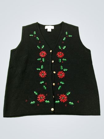Croft & Barrow Schwarze Weihnachtsstern Bestickter Ärmelloser V-Ausschnitt Cardigan Weste