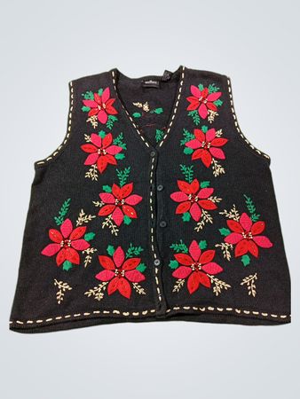Schwarze ärmellose Strickweste mit Weihnachtsstern-Stickerei