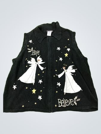 Blair Women's Black Sleeveless Vest with Angels, Stars, and Holly - Hope and Believe