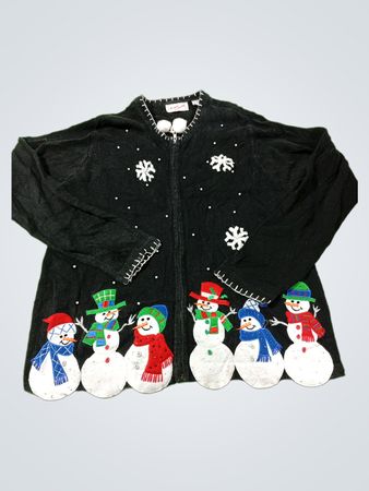 Ronnie Sallowall Damen Schwarzer Schneemann Hässlicher Weihnachtspullover Cardigan
