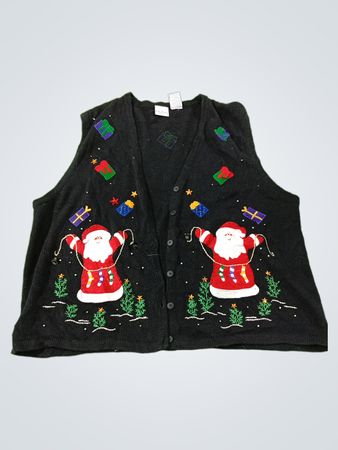 Bobbie Brooks Damen Schwarzes Weihnachts-Strickweste mit Weihnachtsmännern und Geschenken