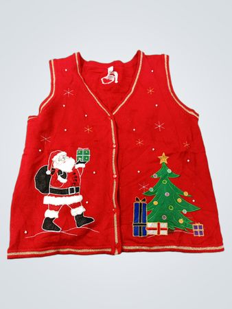 Roter Weihnachtsstrickjacke mit Weihnachtsmann und Baum
