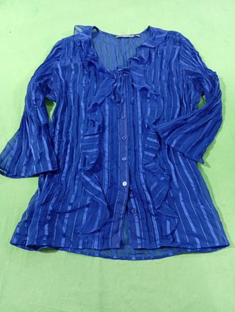 NY Collection blaue gestreifte Rüschbluse