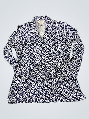 Talbots Damen S Hergestellt in Korea Blau und Weiß Geometrisches Muster Langarmshirt