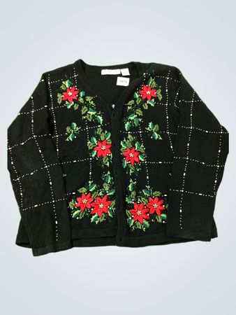 Victoria Jones Schwarze Weihnachts-Poinsettia-Strickjacke