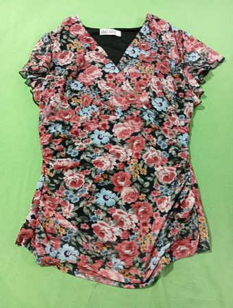 GRACE KARIN Damen Floral Print V-Ausschnitt Rüsche Ärmel Raffung Bodycon Kleid