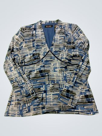 Axcess by Liz Claiborne Blau Geometrisches Muster Langarm V-Ausschnitt Oberteil