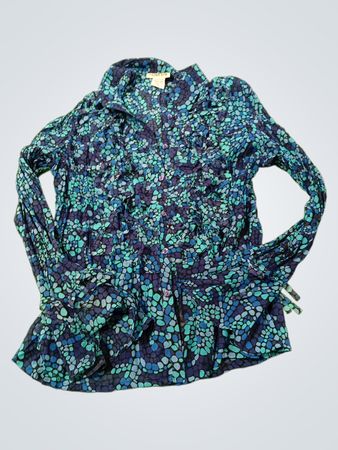 Notations Blue Print Ruffle Blouse