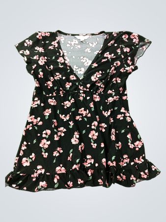 Marilyn Monroe Schwarzes Blumenmuster Kurzarm Rüschensaum Kleid