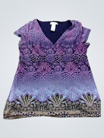Liz Wear Damen Lila Blumendruck V-Ausschnitt Kurzarmshirt