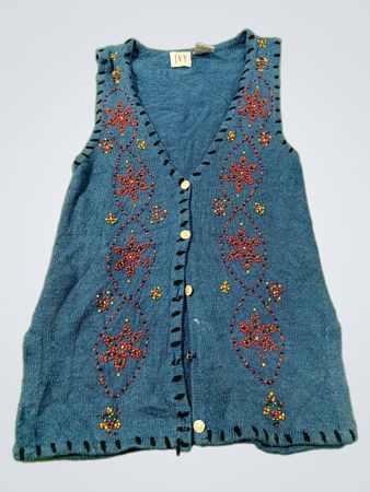 IVY Blue Beaded V-Neck Ärmellose Knopf-Weste