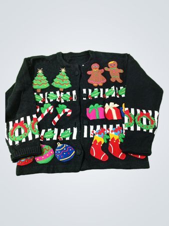 Schwarzer Weihnachtspullover mit Ornamenten, Lebkuchenmännern, Zuckerstangen und Weihnachtsbäumen