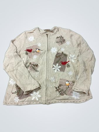 croft & barrow petite PXL beige bestickter Vogel und Schneeflocken Reißverschluss-Cardigan