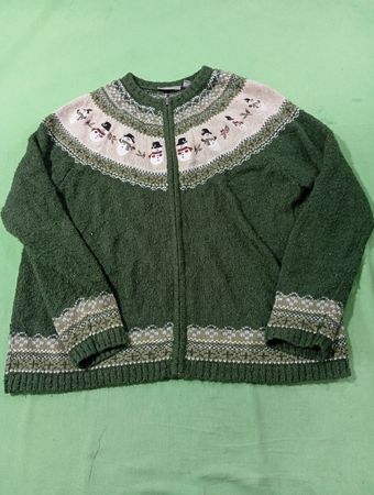 Croft & Barrow Damen Grüner Schneemann Fair Isle Reißverschluss-Front Cardigan Pullover