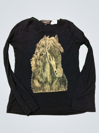 Schwarzes Langarmshirt mit goldenem Pferdegrafik