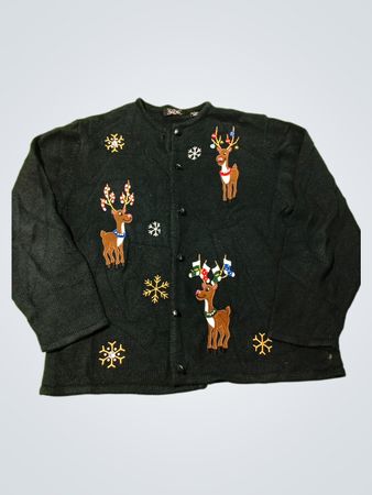 Crystal-Kobe Damen Schwarzer Rentier Schneeflocke Weihnachts Cardigan Pullover