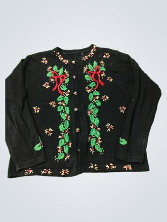 Schwarzer Weihnachtscardigan mit Stechpalme und Schleifen