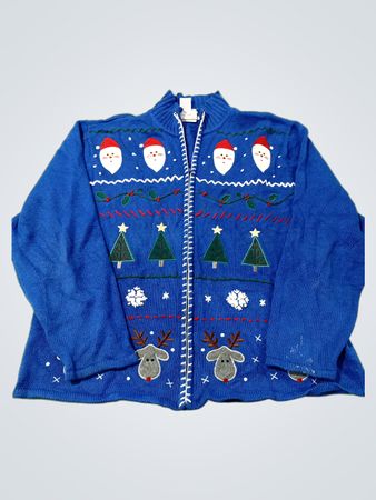 Blaues Weihnachts sweatshirt mit Santa, Rentieren und Bäumen