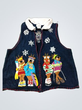 Weißer Hirsch Damen XL (16/18) marineblaues Weste mit Rentier-Ski- und Snowboardgrafik