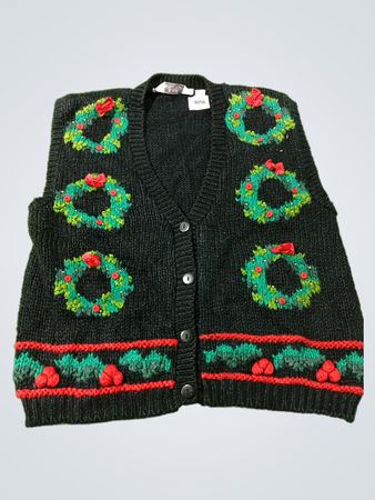 Schwarze Strickweste mit Weihnachtskranzmuster