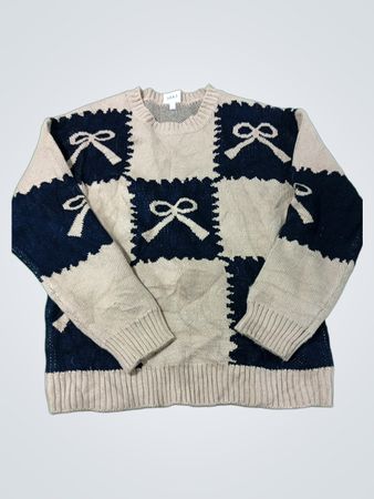 Beiger und Marineblauer Schleifen-Patchwork-Strickpullover