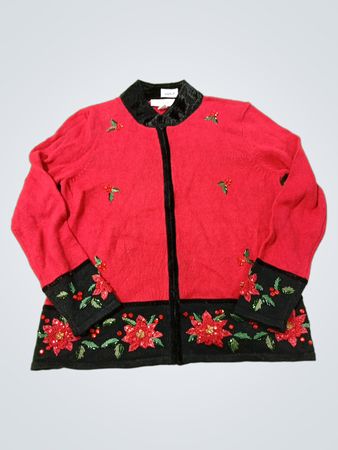 Dressbarn Rote Schwarze Weihnachtsstern Perlen Cardigan