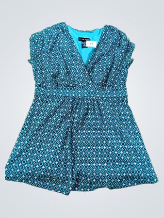 New York & Company Blau gemustertes V-Ausschnitt-Kleid