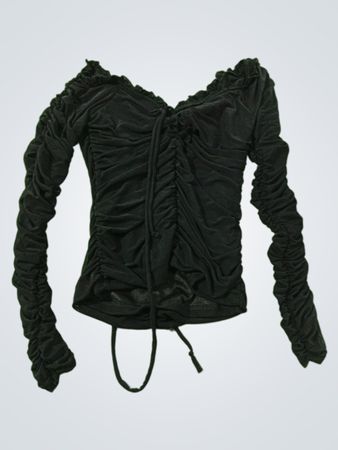 Schwarzes gerafftes Langarmoberteil mit Kordelzug