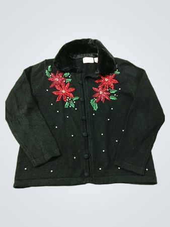 Basic Editions Holiday Schwarzer Cardigan mit Poinsettien- und Perlenverzierungen