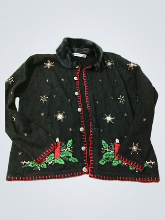 Victoria Jones Damen schwarzer Weihnachtscardigan mit Kerzen und Schneeflocken