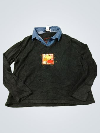 Breckenridge Petite Black Sweater with Denim Collar and Pumpkin Patch Graphic