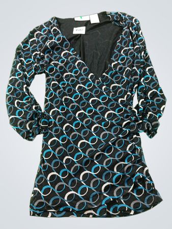 Worthington Damen Klein/Chico Schwarz Blau Weiß Gemustertes Langarm V-Ausschnitt Oberteil