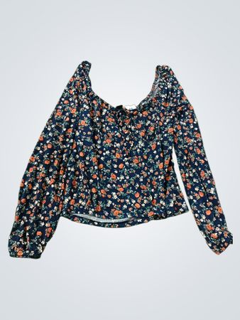Ambiance Navy Floral Print Square Neck Long Sleeve Top