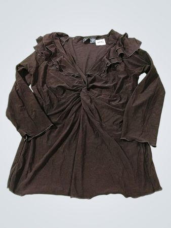 Susie in der Stadt Damen Braunes Rüschenshirt mit V-Ausschnitt und gedrehter Vorderseite, Langarm