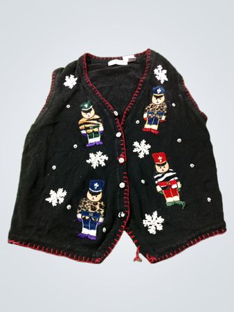 Victoria Jones Damen Schwarze Weihnachtsweste mit Nussknacker-Applikationen