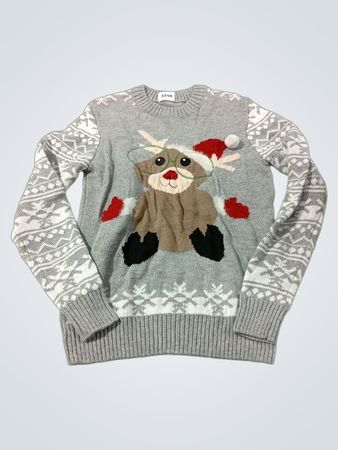 Grauer Weihnachtspullover mit Rentiergrafik