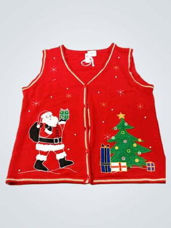 Rote Weihnachtsweste mit Weihnachtsmann und Baum