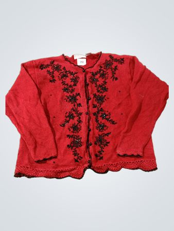 CAROLYN TAYLOR PETITE ROTE STRICKWESTE MIT SCHWARZER PERLENBESTICKUNG