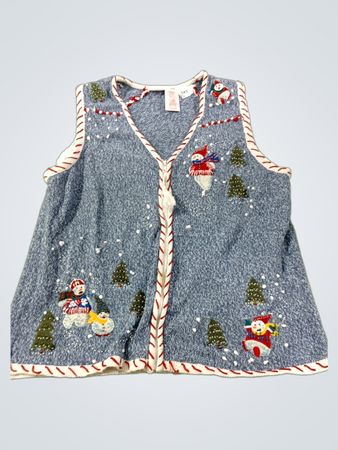 Blaues Heideweihnachtswesten mit Schneemännern und Bäumen