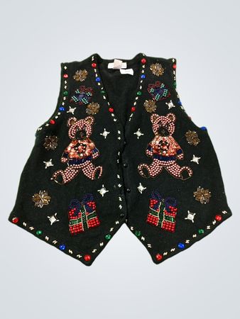CLAUDIA D. Frauen Schwarze Verzierte Teddy Bär und Geschenk Weste