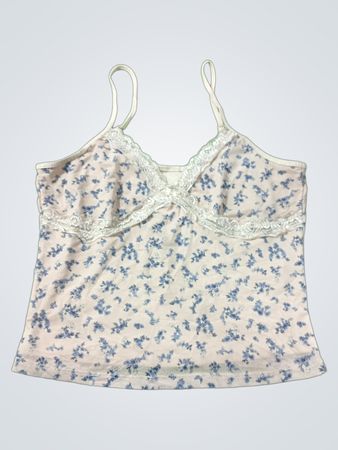 Weißes Trägershirt mit blauem Blumenmuster und Spitzenrand