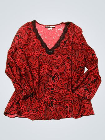 Studio Donatella Rot Schwarz Paisley Druck Spitze Trim V-Ausschnitt Oberteil