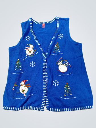 Blaues ärmelloses Weste mit Schneemann und Weihnachtsbaum Stickerei