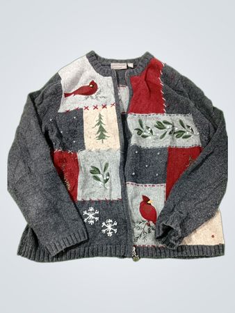 Croft & Barrow Damen Strickjacke mit Kardinal und Schneeflocken-Patchwork