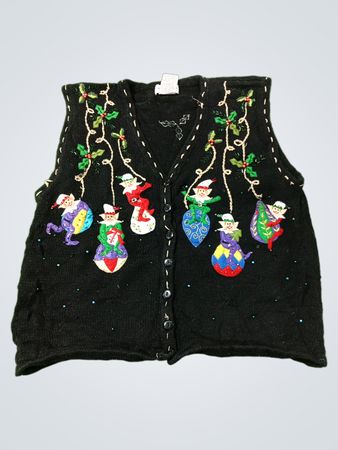 White Stag Damen M (8/10) Reich Schwarz Ramie/Baumwoll-Mischung Hässlicher Weihnachts-Sweater-Weste