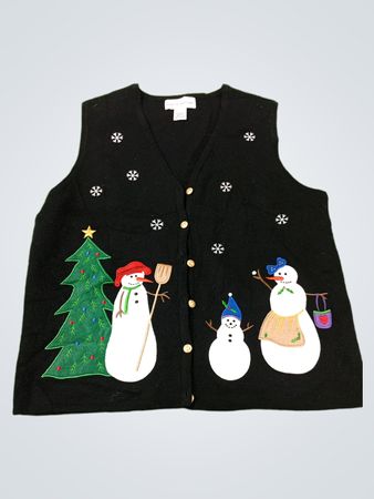 Schwarze Weihnachtsweste mit Schneemännern und Weihnachtsbaum-Applikationen