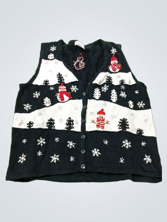 WHITE STAG Damen XL (16/18) 55% Baumwolle 45% Ramie schwarzes Ruß-Westen mit Schneemann- und Schneeflocken-Muster