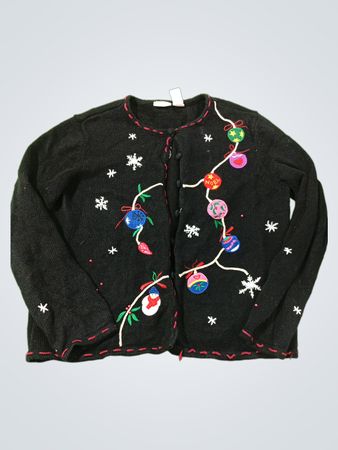 Erika Black Christmas Sweater mit Schneemann und Ornamenten
